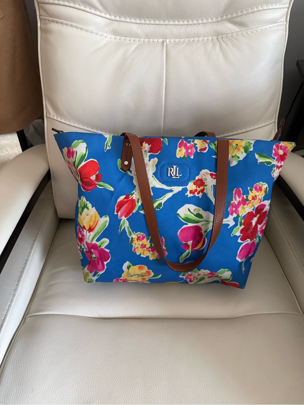 Ralph Lauren Bright Blue Floral Tote with Brown Straps beach pickleball pool